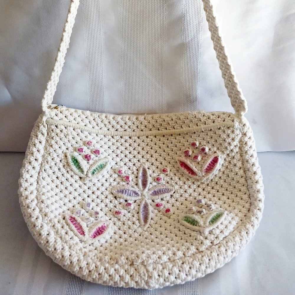 Beige Crochet Floral Shoulder Bag W/Embroidered Multi Color Flowers